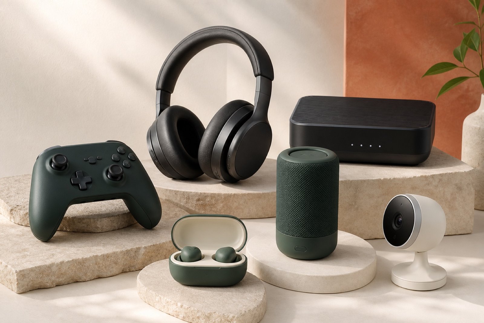 Brand-neutral gaming, audio and smart-home products arranged on stone plinths