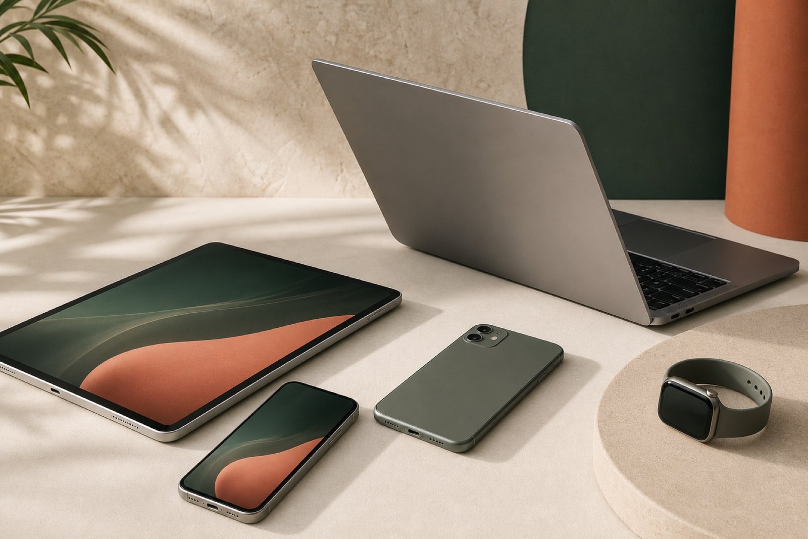 Brand-neutral smartphones, laptop, tablet and smartwatch on a warm stone studio set